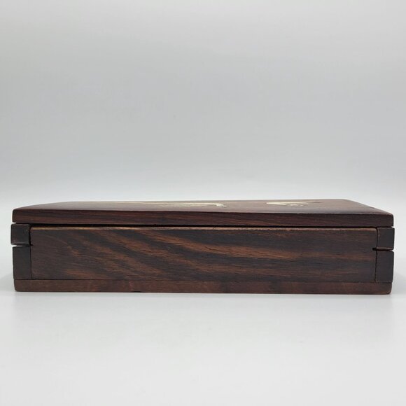 Vintage Handcrafted Wooden Jewelry Trinket Box Inlaid Peacock Design Metal Latch - Picture 6 of 16